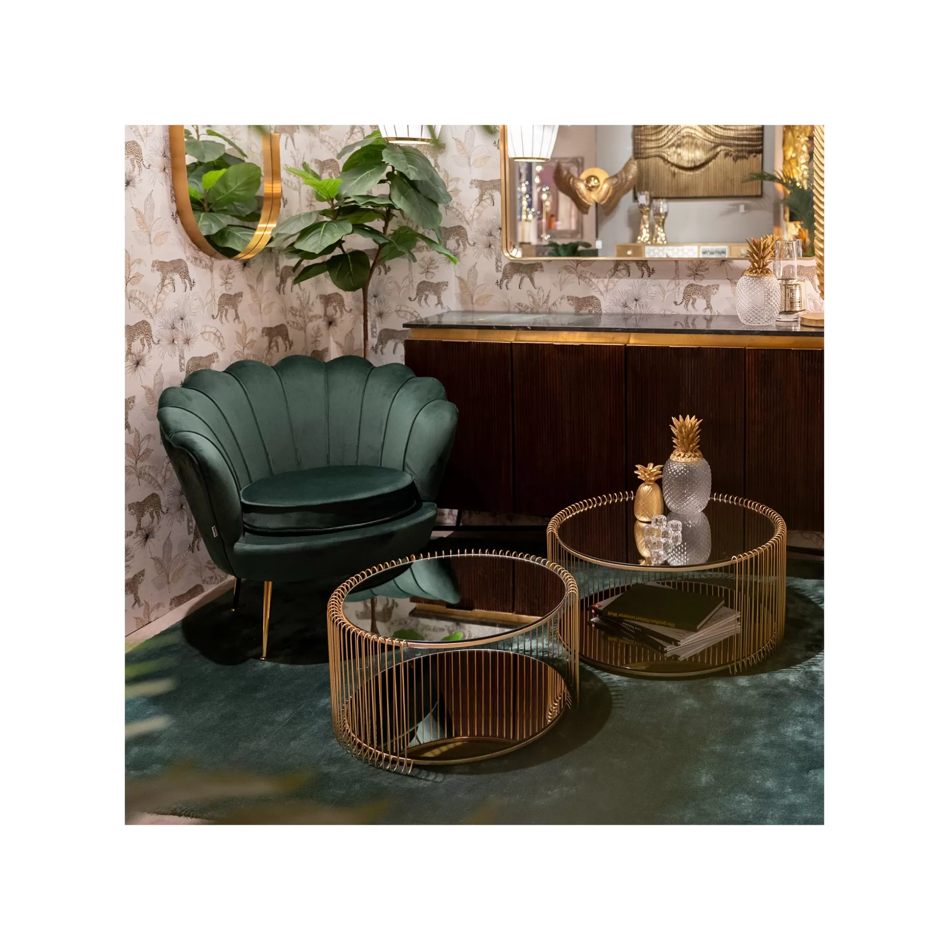 Fauteuil Water Lily Velours Vert Et Acier Doré ^KARE Design Best